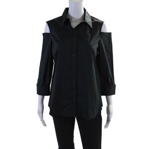 J Envie Womens Button Front 3/4 Sleeve Cold Shoulder Shirt Black Cotton Size 8